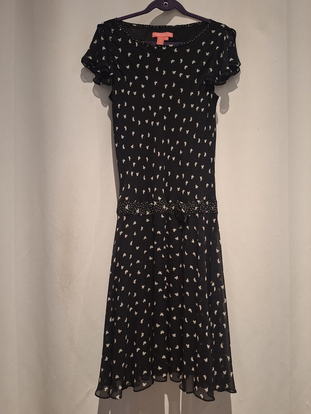 Maggy Boutique Silk Black Butterfly Printed Short-Sleeve Midi Dress
